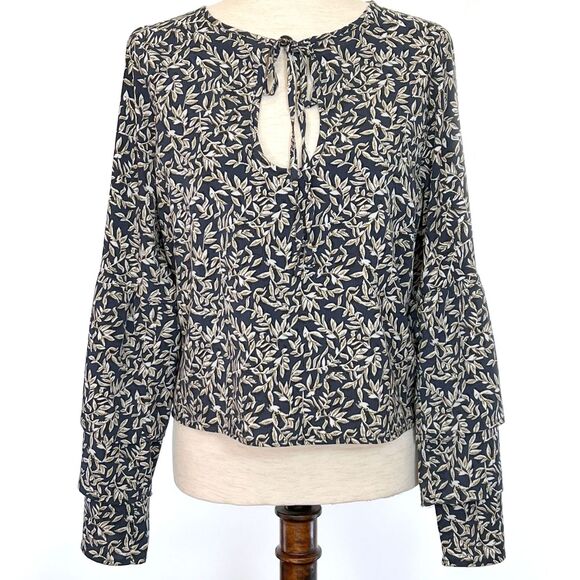LUCCA Navy Leaf Print Ruffle Bell Sleeve Crop Top - Picture 1 of 7